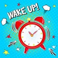 Wake up!! Lettering cartoon vector illustration with alarm clock on yellow blue background . Pop art style